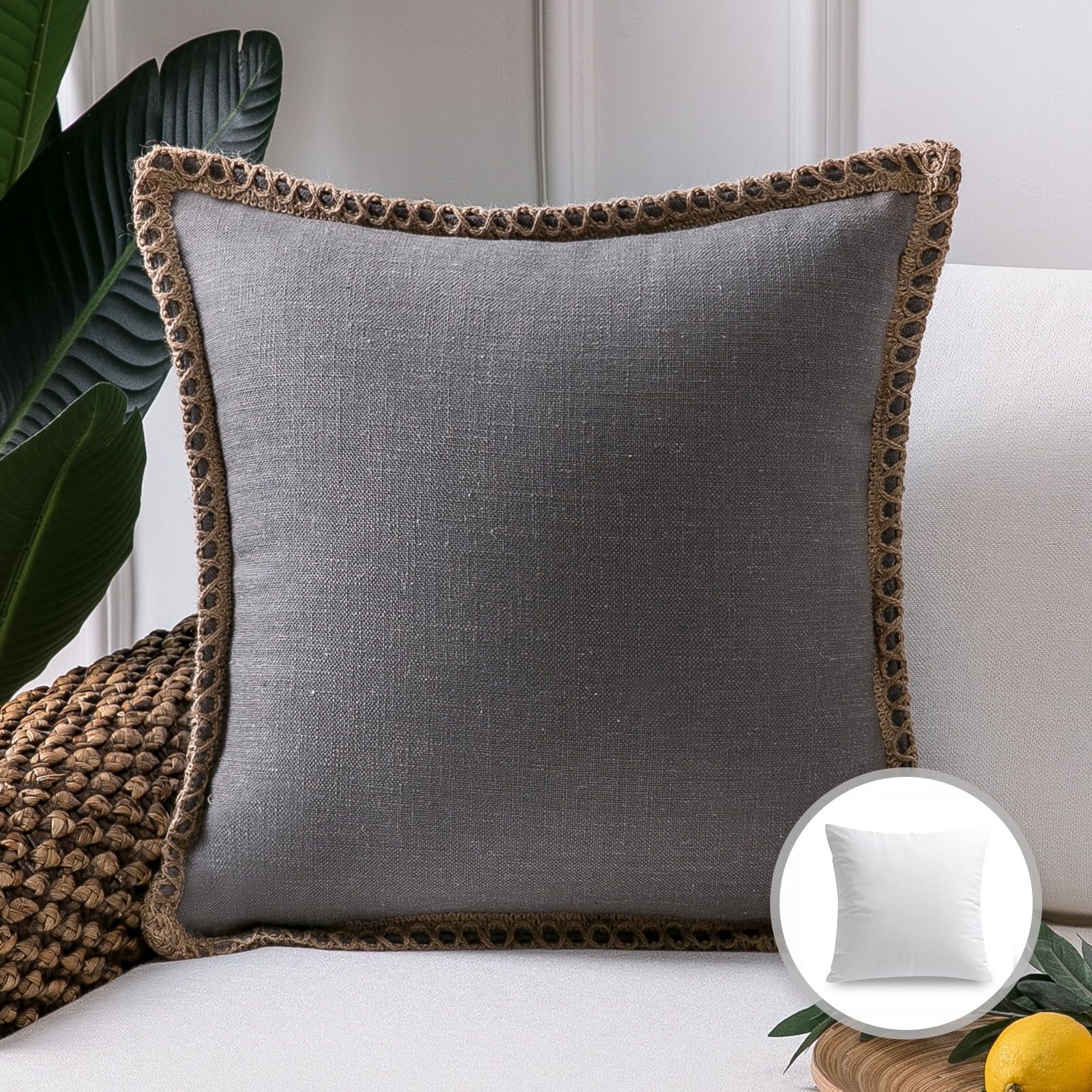 Phantoscope Linen Trimmed Farmhouse Series Decorative Throw Pillow, 20" x 20", Gray, 1 Pack | Walmart (US)