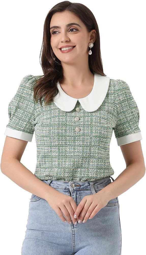 Allegra K Halloween Peter Pan Collar Blouse for Women's Button Decor Vintage Tweed Top Shirt | Amazon (US)
