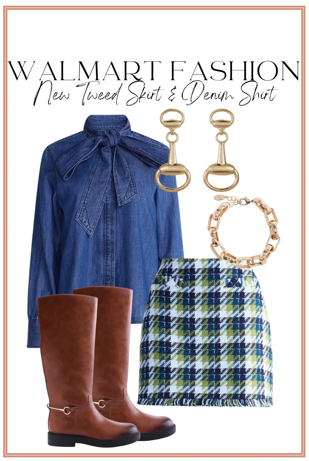 Walmart fashion is bringing the cutest tweed pieces for the new season! 😍 This plaid tweed mini skirt paired with a denim tie-neck shirt is such a fun elevated fall outfit idea. Add brown riding boots and gold statement jewelry for a classic, preppy look that looks WAY more expensive than Walmart! I love the mix of denim, plaid and rich brown accessories for fall. 🍂

#WalmartFashion #WalmartFinds #WalmartStyle #WalmartNewArrivals #WalmartFashionFinds #FallFashion #FallOutfits #FallOutfitIdeas #AffordableFashion #AffordableStyle #TweedSkirt #DenimShirt #PlaidSkirt #RidingBoots #PreppyStyle #PreppyFashion #WomensFashion #WalmartOutfit

#LTKootd #LTKPetite