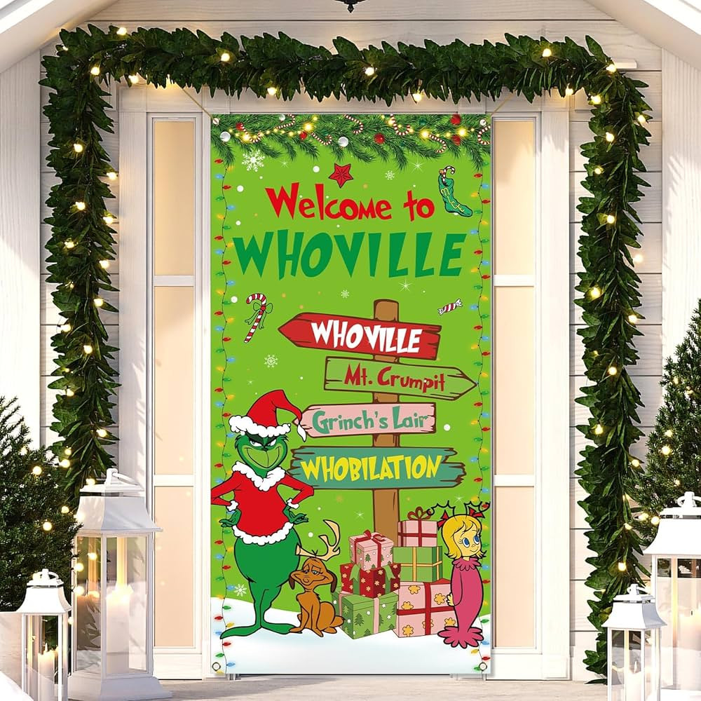 Sunwer Welcome to Whoville Door Cover Green Elf Christmas Winter Holiday Party Decoration Front P... | Amazon (US)