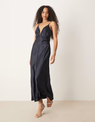Mango satin slip dress in navy | ASOS (Global)