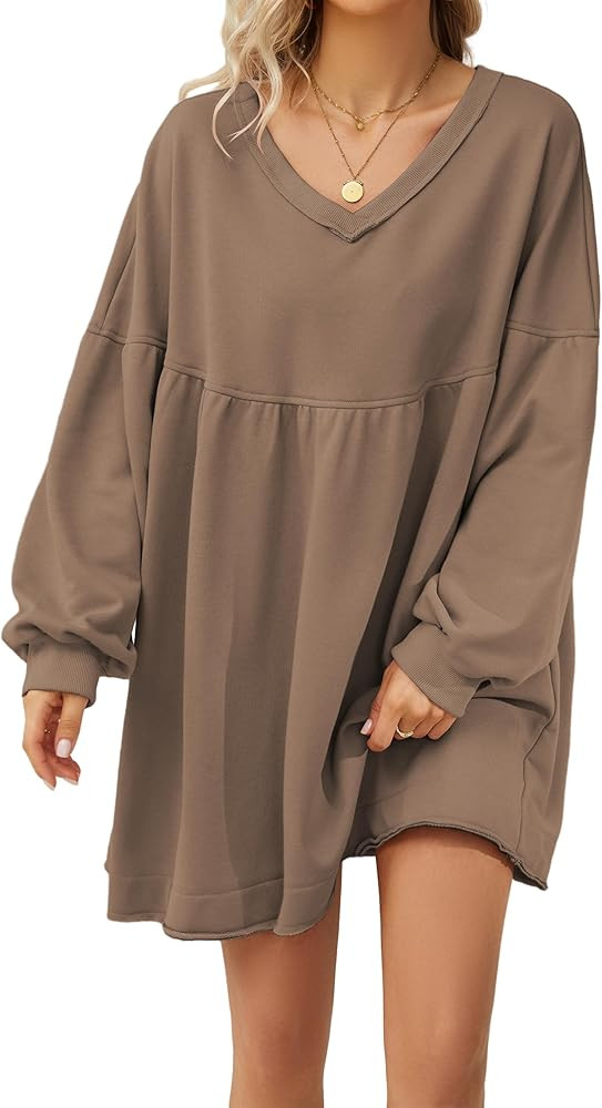 V Neck Oversized Sweatshirt Mini Dress for Women Solid Casual Loose Pullover Tunic Drop Shoulder ... | Amazon (US)