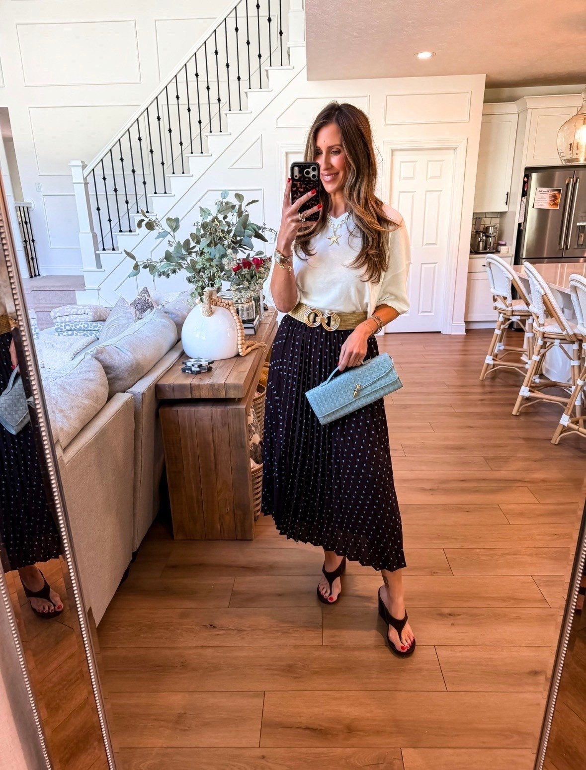 This skirt outfit feels so chic and feminine with the prettiest pop of blue from the purse 💙 The flowy silhouette makes it easy to dress up or down for brunch, vacation dinners, church, or summer events while still feeling effortless and comfortable.

skirt outfit inspo, blue purse outfit, feminine summer style, chic casual outfit, vacation dinner outfit, pleated skirt look, elevated everyday fashion, summer brunch outfit, classy summer style, effortless outfit ideas, neutral outfit inspo, trendy accessories, themominstyle

#LTKootd #LTKSeasonal #LTKOver40
