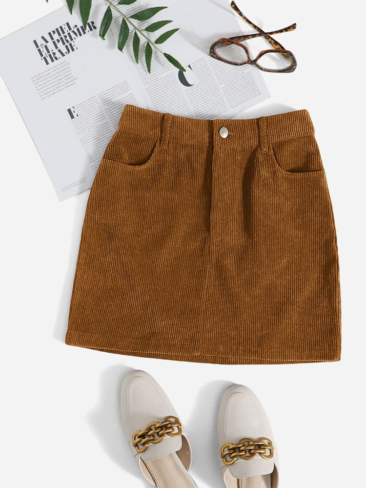 SHEIN Corduroy Dual Pockets Straight Mini Skirt | SHEIN