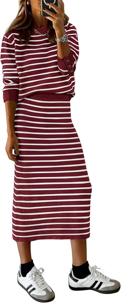 PRETTYGARDEN Women's 2 Piece Striped Sweater Set Casual Fall Long Sleeve Knit Pullover Midi Skirt... | Amazon (US)