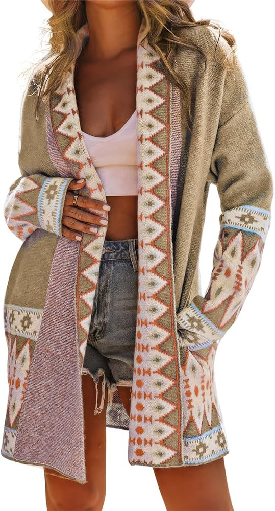 ebossy Women's Fashion Aztec Print Jacquard Knit Open Front Cardigan Lapel Long Sleeve Boho Graph... | Amazon (US)