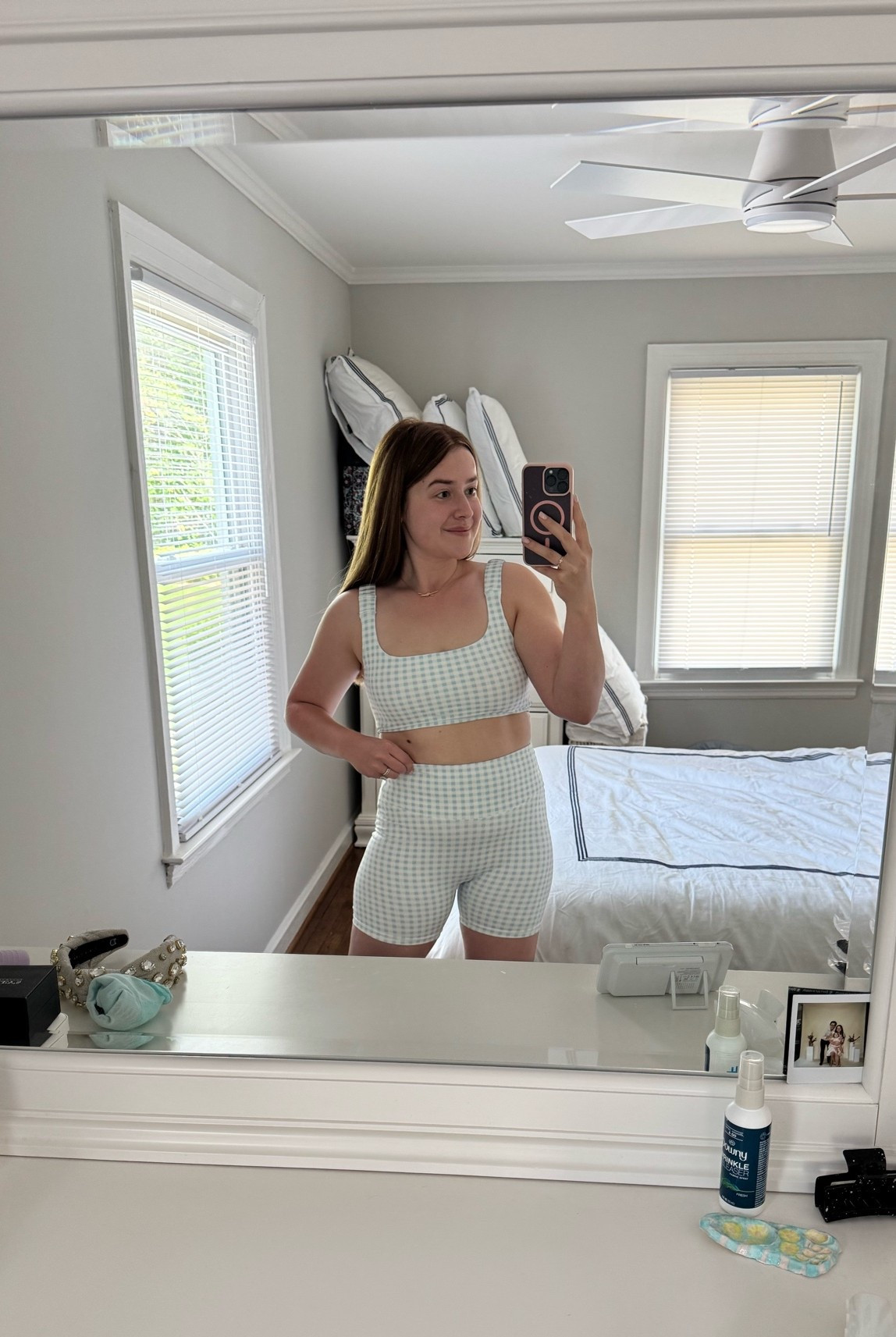 Love this gingham two piece athletics set. It passed a reformer Pilates class test this morning and it is not going to cut into your stomach so perfect for postpartum moms as well. ￼

#LTKootd #LTKActive #LTKmomlife