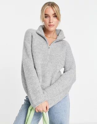 ASOS DESIGN sweater with zip collar in fluffy yarn in gray heather | ASOS (Global)
