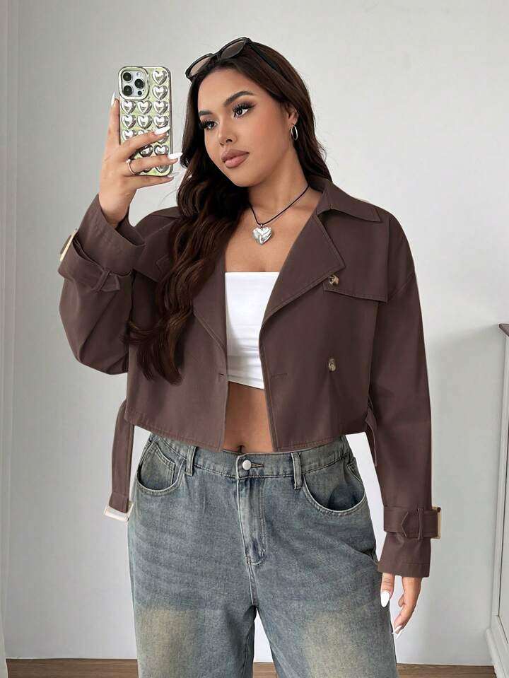 SHEIN EZwear Trench Coat Corto Monocolore Di Stile Retrò In Taglie Comode | SHEIN