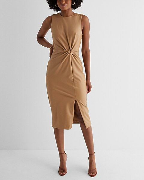 Body Contour Faux Leather Twist Front Midi Sheath Dress | Express