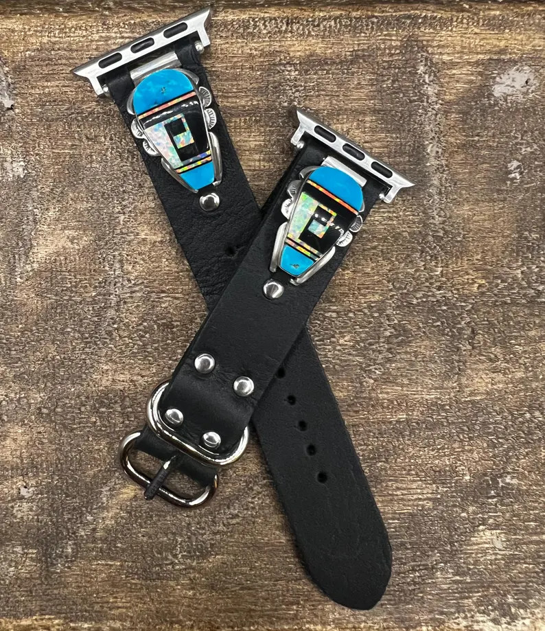 Custom Black Leather Apple Watch Band: Southwestern Sterling Silver, Turquoise, Onyx, Opal - Etsy | Etsy (US)