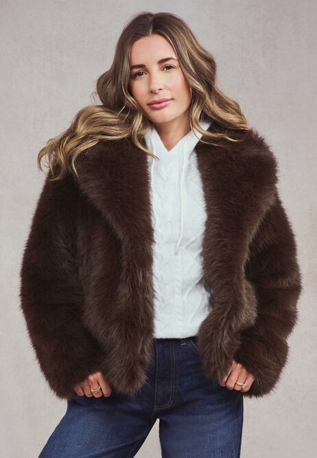Womens Chocolate Brown Faux Fur Short Fluffy Coat | Peacocks