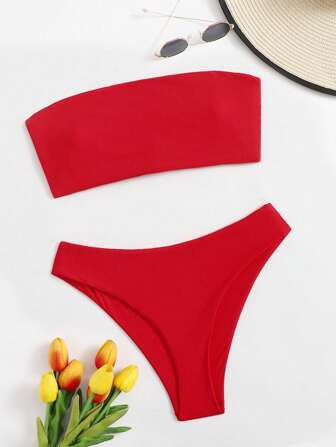 SHEIN Swim Mono Bikini Set Rib-knit Bandeau & High Cut Bottom 2 Piece Swimsuit | SHEIN