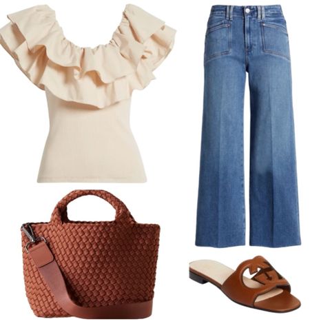 Ruffle top
Jeans
Wide leg jeans
Tote bag

Vacation outfit
Date night outfit
Spring outfit
#Itkseasonal
#Itkover40
#Itku

#LTKShoeCrush #LTKFindsUnder100 #LTKItBag
