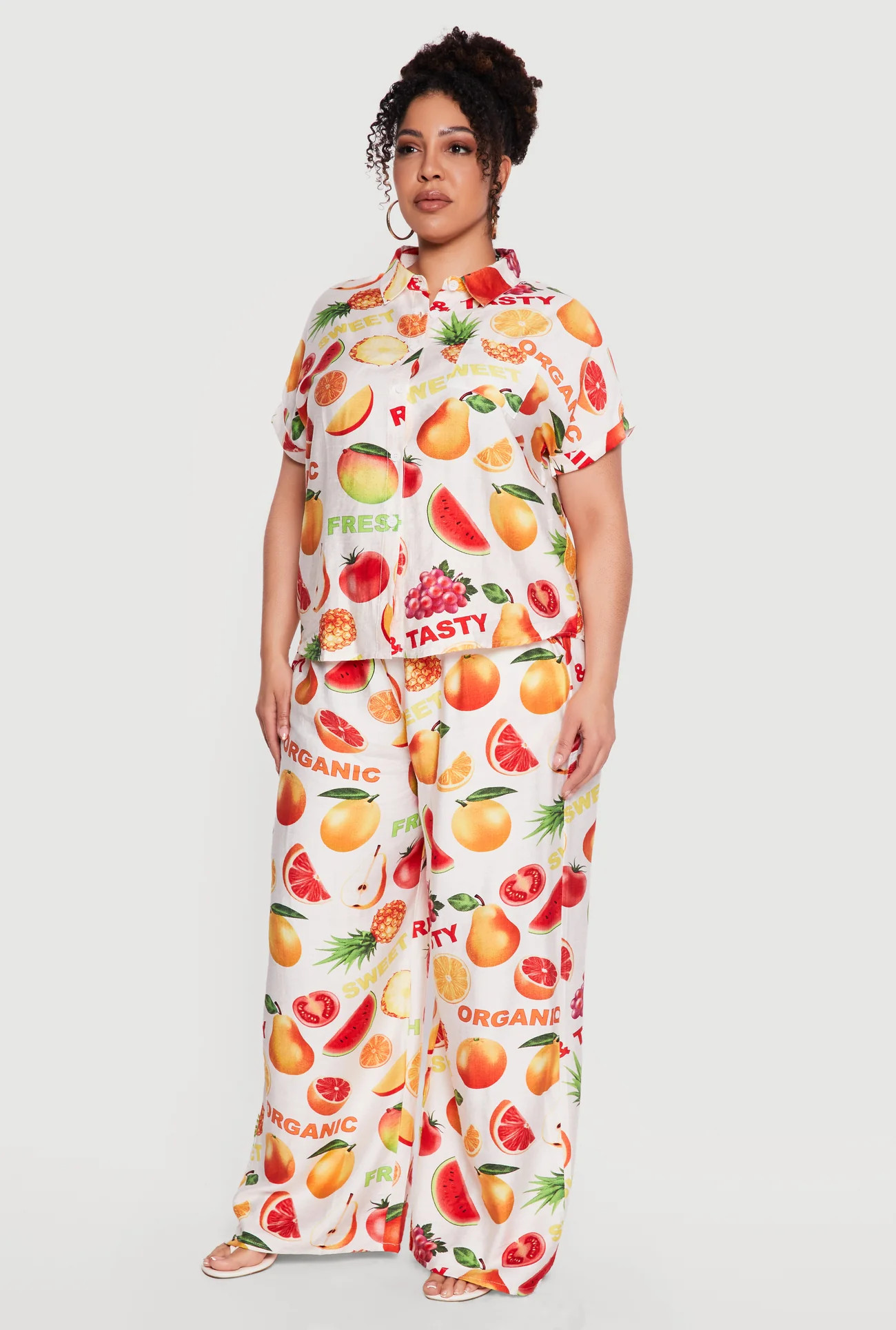 Plus Size Fruit Print Patterned Collared Shirt | Rainbow Shops