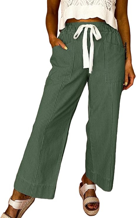 Acelitt Women Elastic Waist High Striped Pants, S-XXL | Amazon (US)