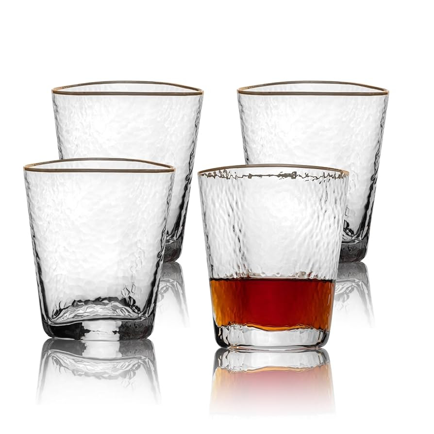 Bec's Designs Whiskey Glasses Set of 4 – 10 oz Gold Rimmed Hammered Lowball Bourbon and Cocktai... | Amazon (US)