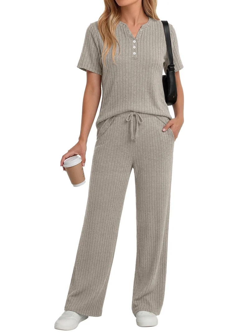 Fantaslook Two Piece Lounge Sets for Women Summer Outfits Henley V Neck Short Sleeve Tops Wide Le... | Walmart (US)