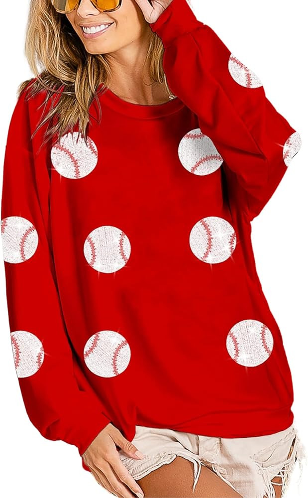 Womens Sparkle Baseball Sequin Sweatshirt French Terry Y2K Crewneck Oversized Shirt Long Sleeve P... | Amazon (US)