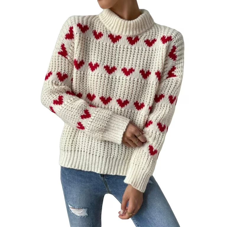 Women Loose Knit Sweater Heart Jacquard Long Sleeve Pullovers | Walmart (US)
