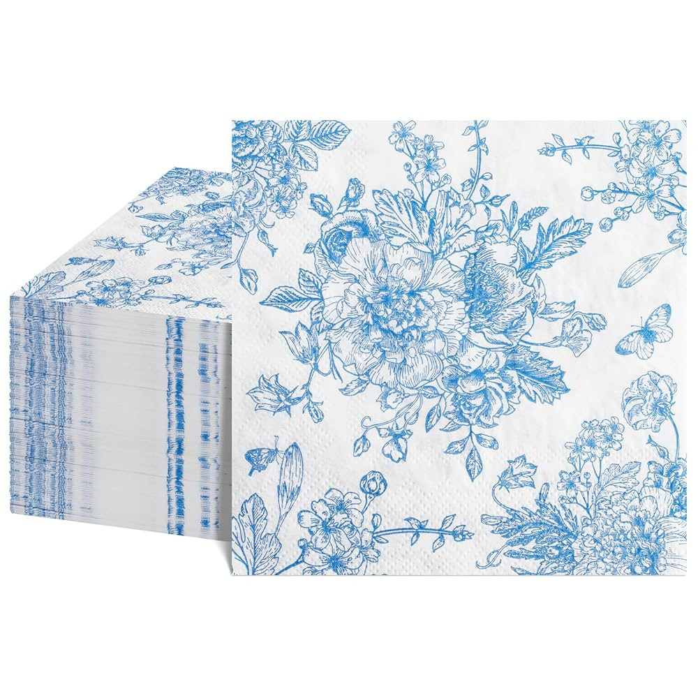 100 Pcs Blue Floral Cocktail Napkins, Blue and White Napkins Vintage Flower Butterfly Design Toil... | Amazon (US)