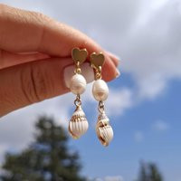 Cute Seashells Earrings, Bohemian Beach Jewelry, Freshwater Pearl Seashell Gift For Her, Ocean Gold Coastal Jewelry | Etsy (US)