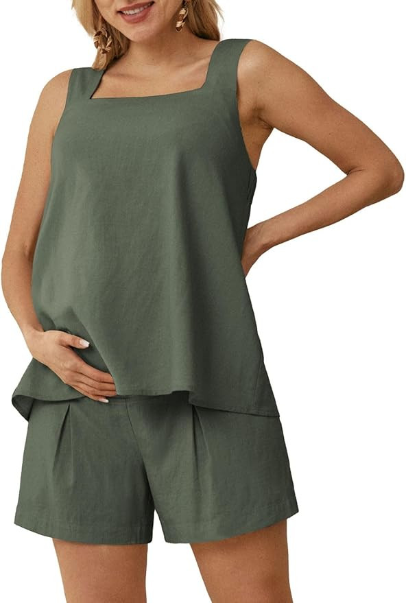 Maacie Maternity 2 Pieces Outfits Summer Linen Shorts Sets Tank Tops Wide Legs Shorts with Pocket... | Amazon (US)