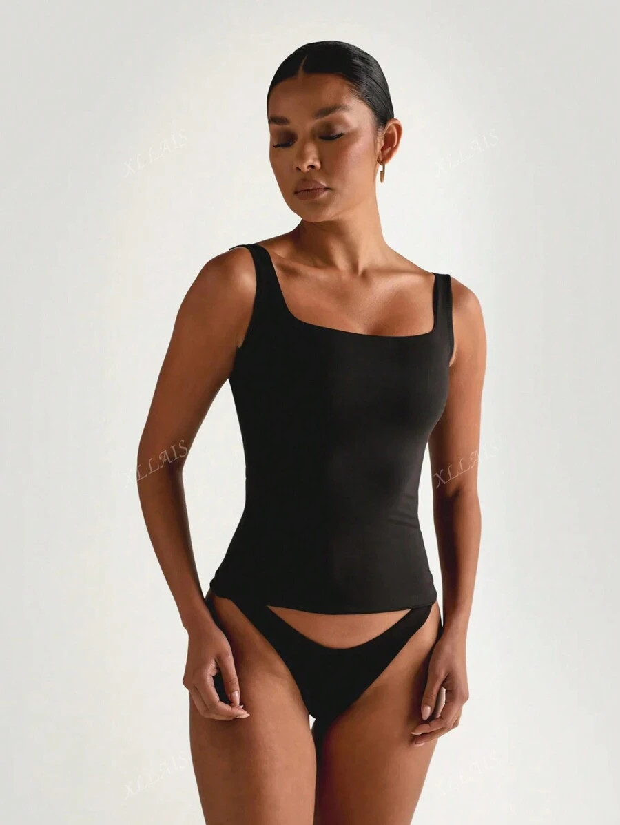 XLLAIS Solid Square Neck Sleeveless Tank Top Women Slim Casual Wear | SHEIN