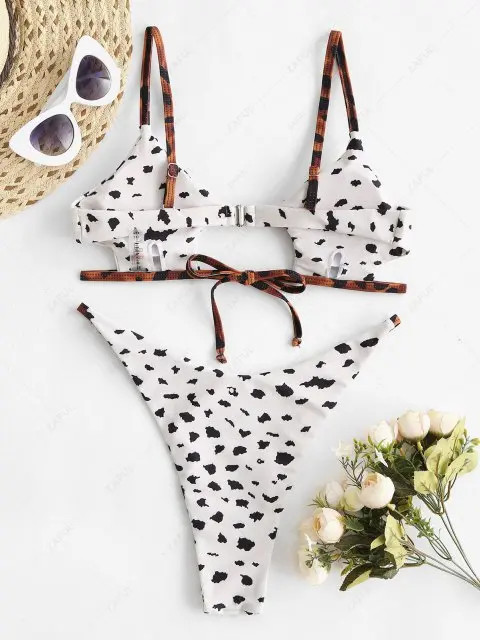 ZAFUL Animal Print Cut Out Strappy Bikini Swimwear - White M | ZAFUL (Global)