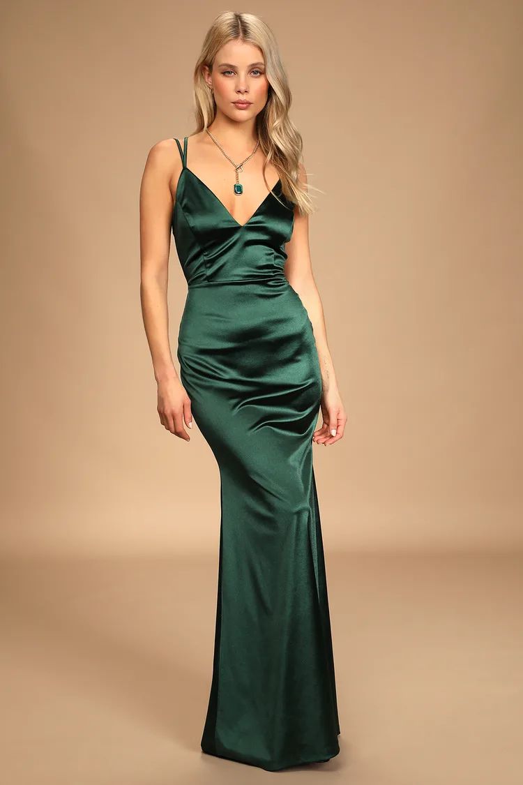 Everlasting Elegance Dark Green Satin Strappy Mermaid Maxi Dress | Lulus (US)
