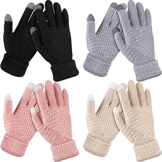 4 Pairs Women's Winter Touch Screen Gloves Warm Fleece Lined Knit Gloves Elastic Cuff Winter Text... | Amazon (US)