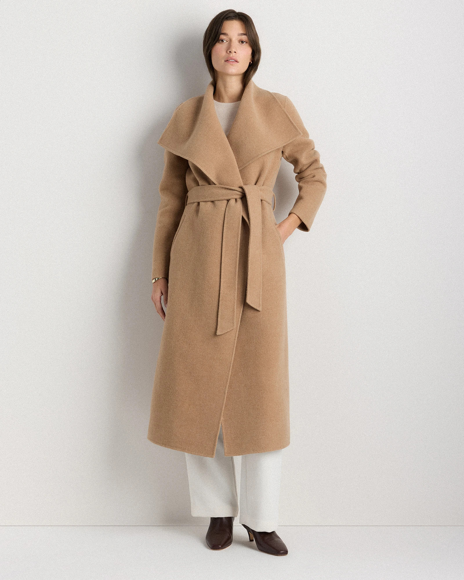 Double-Faced Merino Wool Draped Collar Wrap Coat in Caramel | Quince