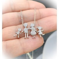 Sterling Silver Family Necklace Pave Cz Stick Figures, Mom Dad 2 Kids | Etsy (US)