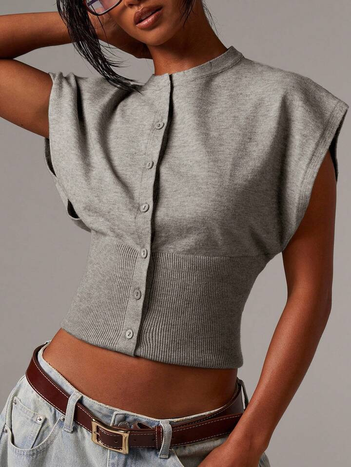 Athîral Women's Solid Color Minimalist Short Sleeve Sweater Vest In Fall/Winter | SHEIN