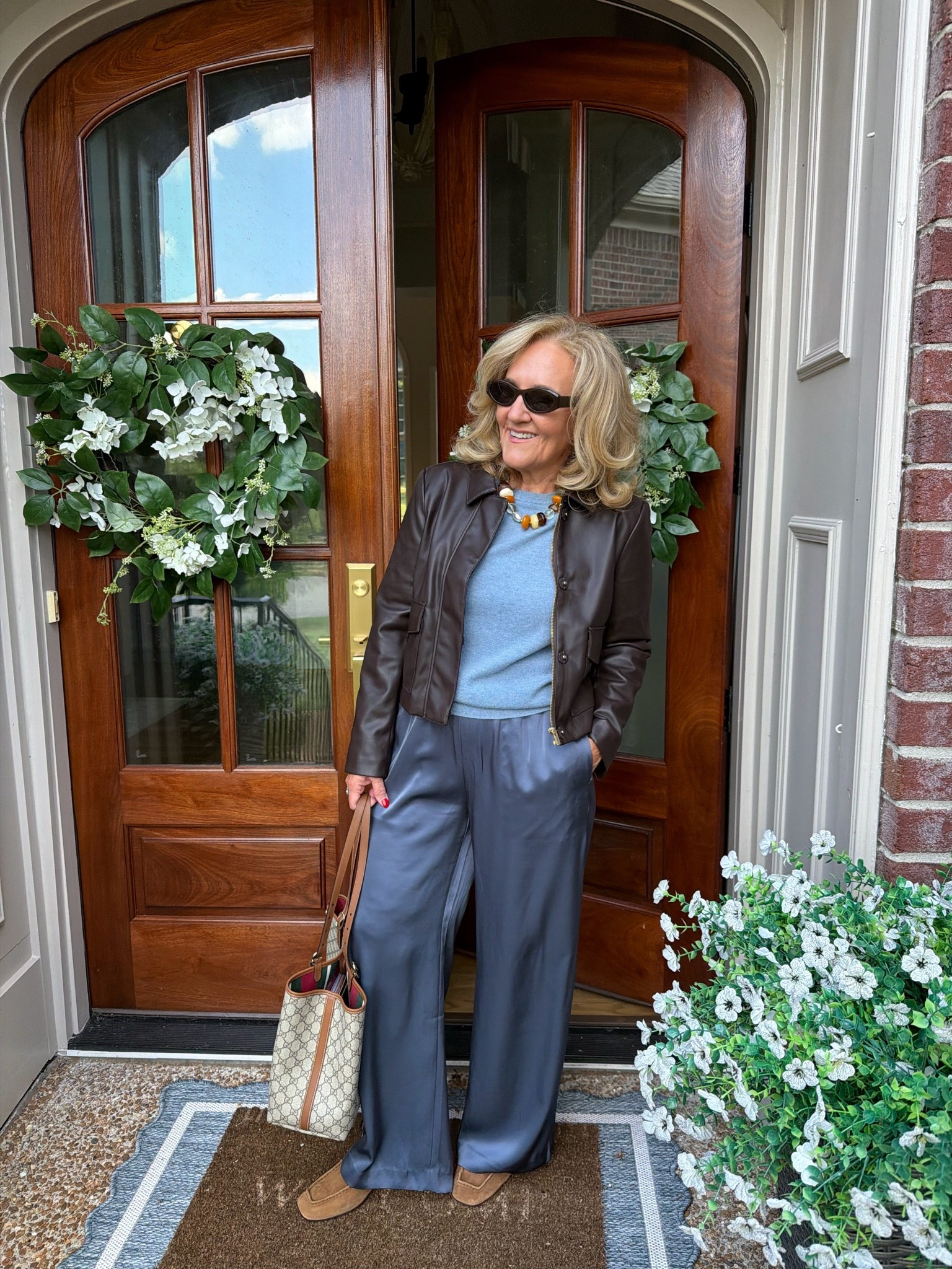 Love this snappy casual look 
Satin pants med short 
Jacket med petite 
Sweater medium

#LTKOver40 #LTKPetite #LTKWorkwear