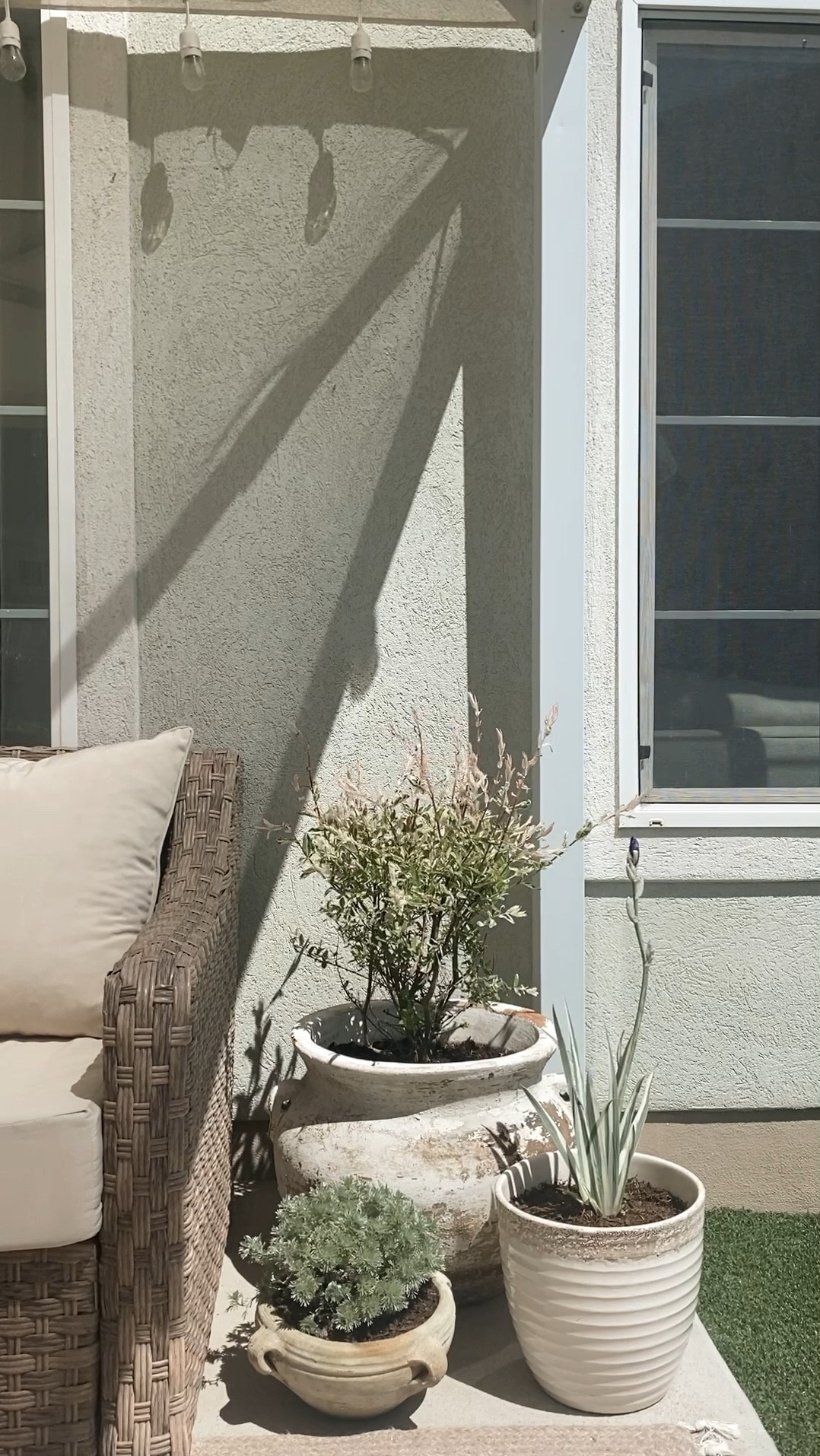 The perfect set of planters for a patio refresh! 🤍

From biggest to smallest 
- Large planter: Lowe’s 
Plant: Hakuro Nishiki dappled willow
- Medium planter: Homegoods
Plant: Sweet Iris
- Small planter: Homegoods
Plant: Wormwood

#home #decor #garden #outdoor #patio #sofa #planter #party #summer 

#LTKHome #LTKStyleTip #LTKSeasonal