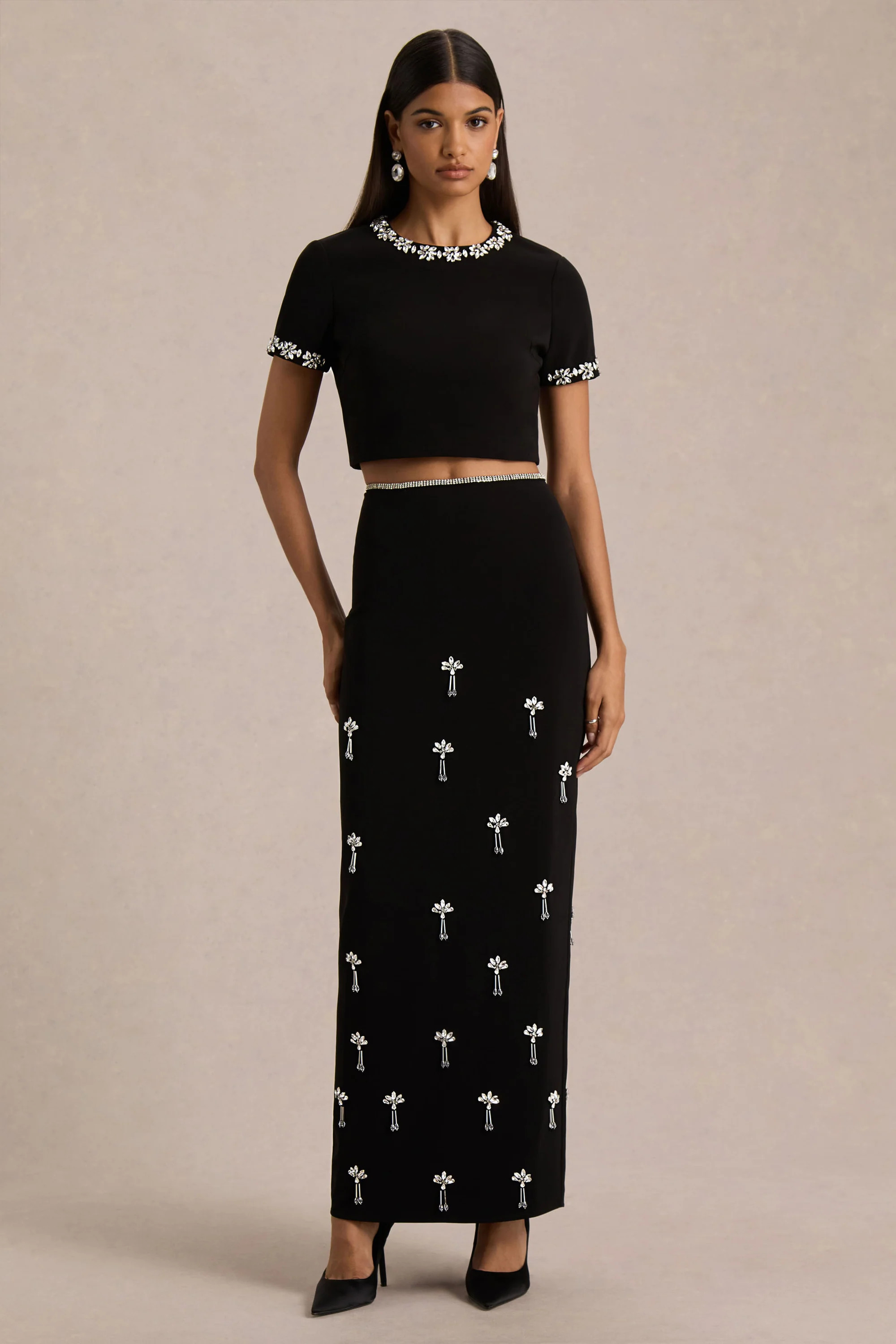 Aven | Black Hand-Embellished Maxi Skirt | Club L London