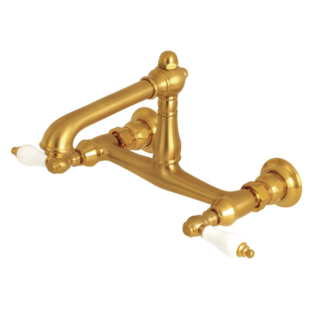 English Country 2-Handle Wall Mount Bathroom Faucet in Brushed Brass | The Home Depot