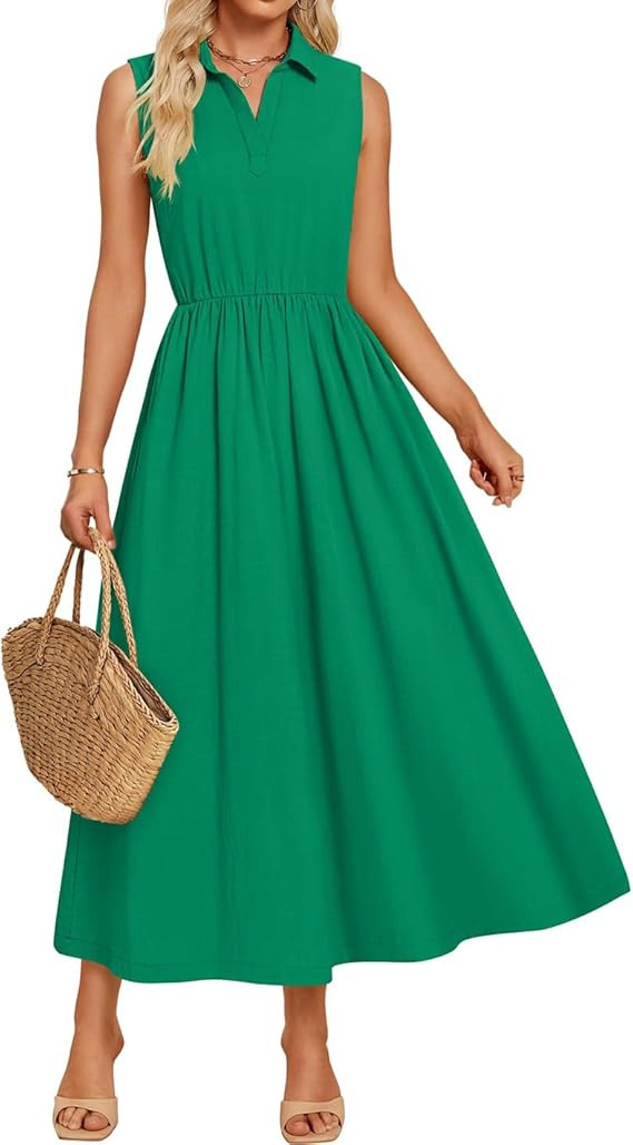 ZESICA Women's Summer Sleeveless Work Midi Dress 2025 V Neck Casual Swing Office Dresses with Poc... | Amazon (US)