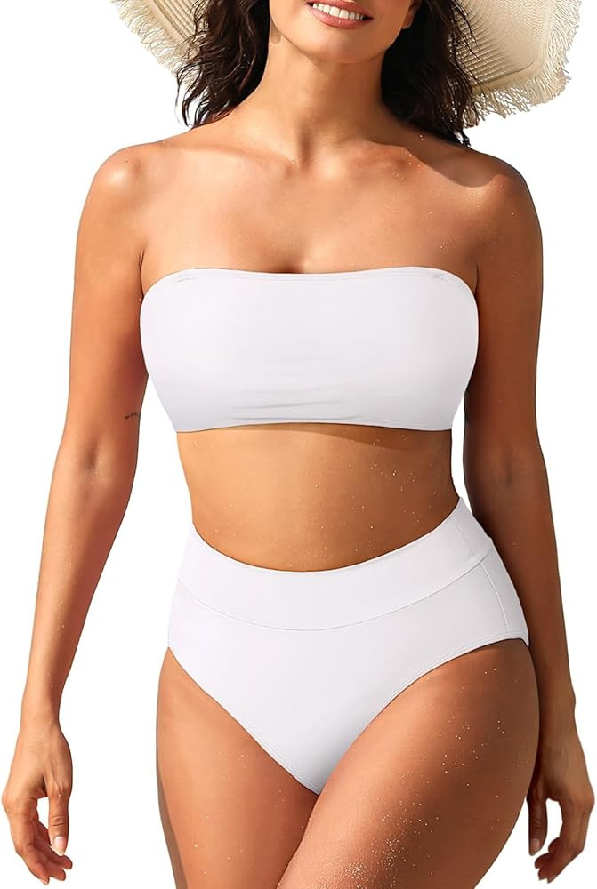 Pink Queen Women's High Waist Bikini Set Removable Strap Bandeau Two Piece Swimsuit Bathing Suit | Amazon (US)