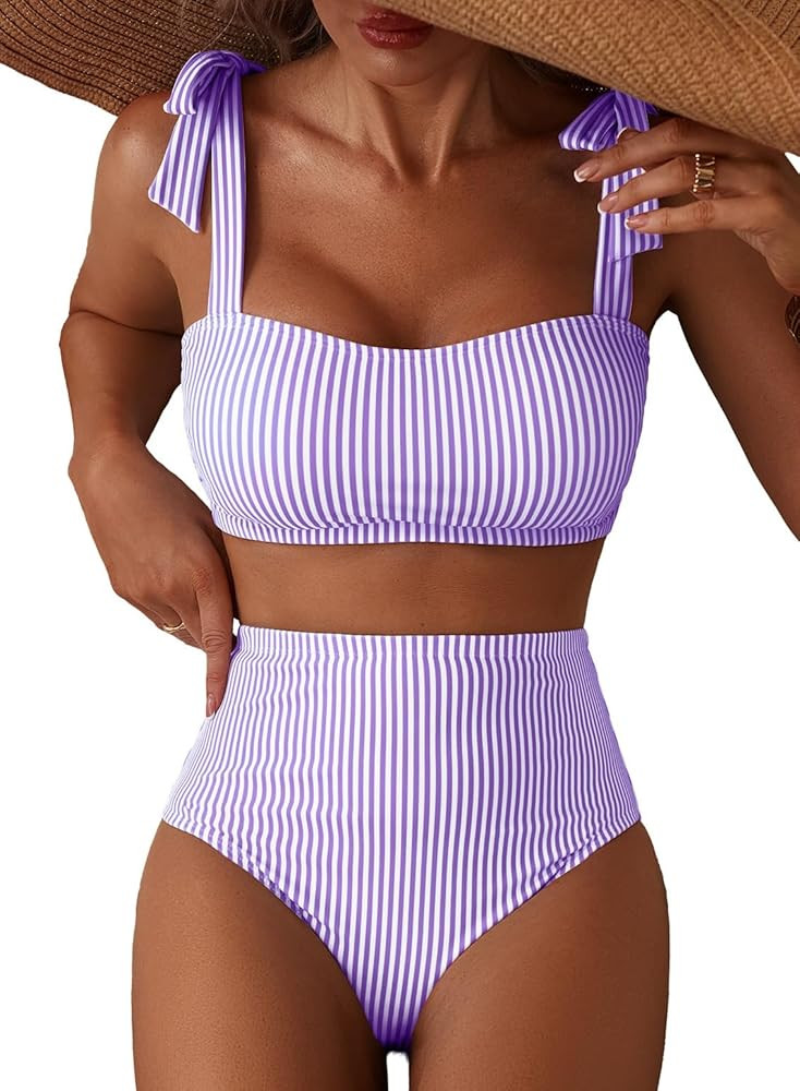 Herseas Women's Tie Shoulder Bikini Sets 2 Piece Striped Swimsuits High Waisted Bathing Suits | Amazon (US)