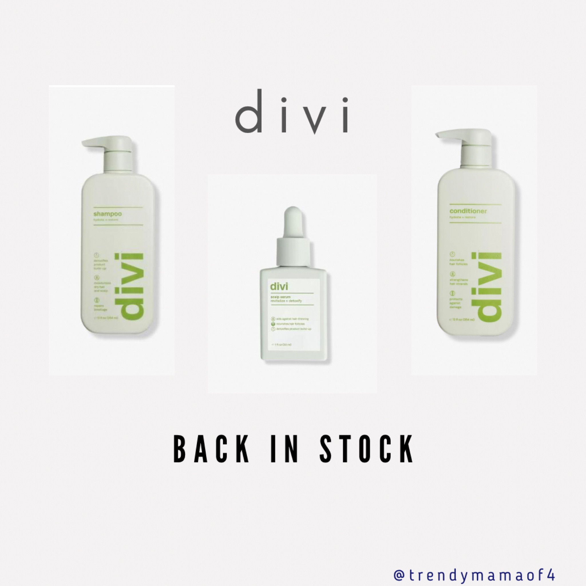 divi Restock Alert
divi Shampoo & Conditioner
divi Scalp Serum

#LTKfamily #LTKbeauty