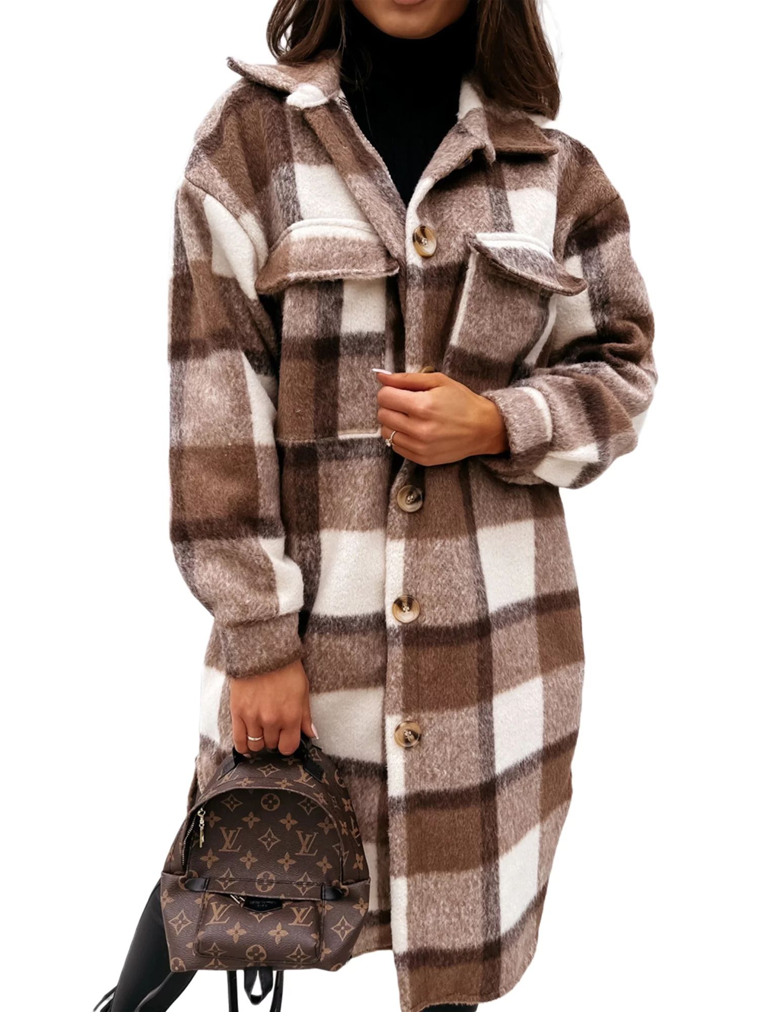 Canrulo Womens Casual Plaid Shacket Jacket Coat Winter Loose Oversize Shirts Coffee S - Walmart.c... | Walmart (US)