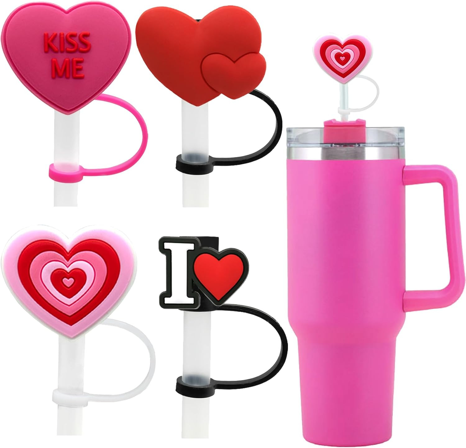 Cup Accessories for Stanley 40oz 30oz Tumbler with Handle,Hot Pink Straw Toppers,Heart Cover Cap,... | Amazon (US)