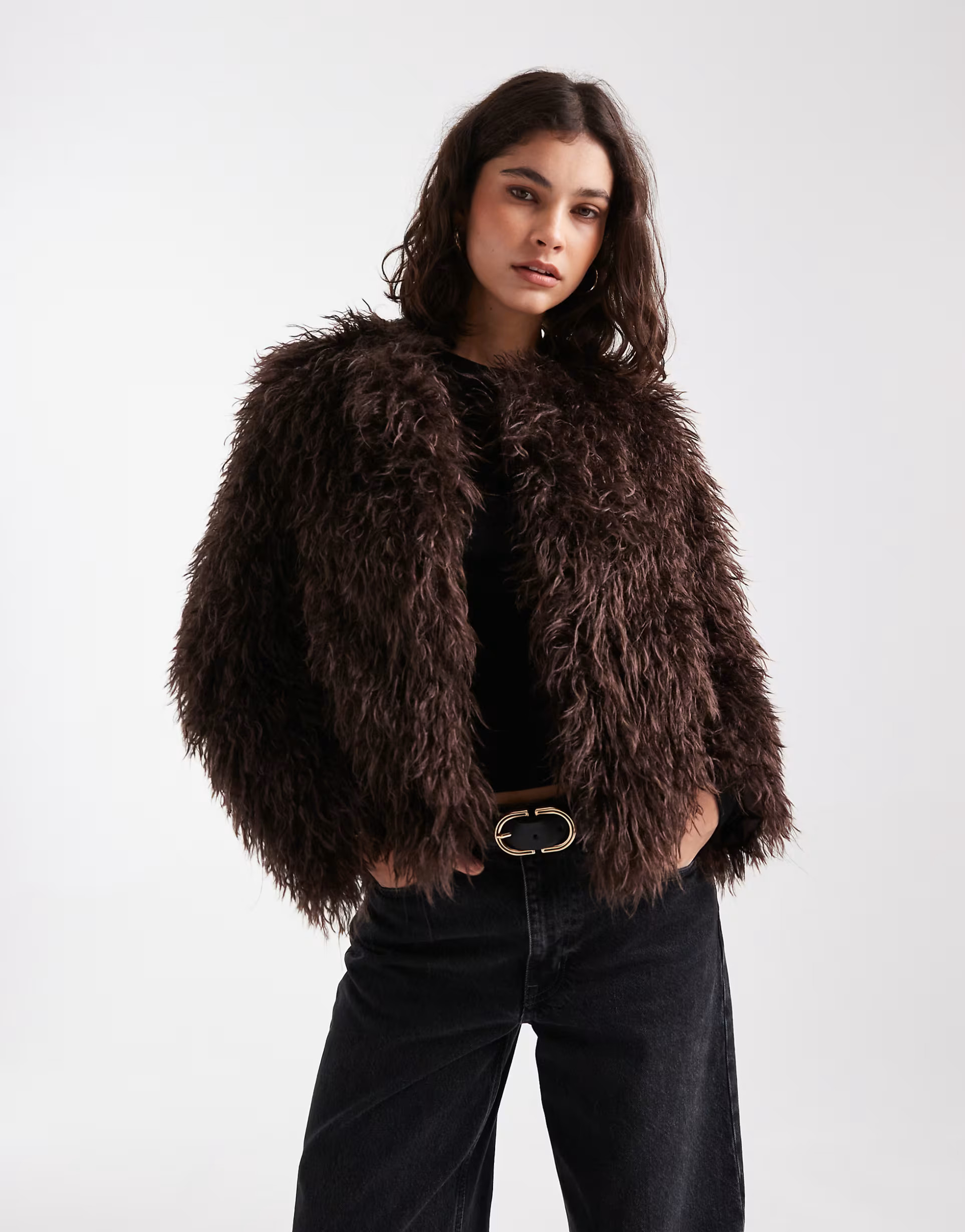 New Look shaggy faux fur cropped jacket in brown | ASOS | ASOS (Global)
