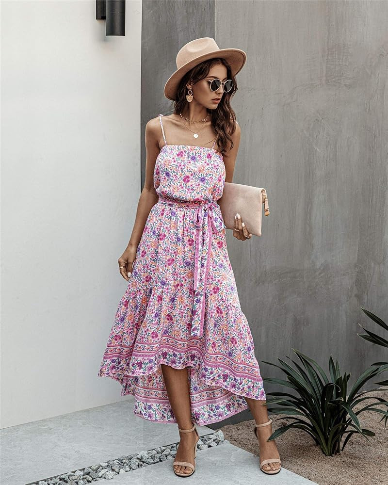 Amazon.com: ECOWISH Women Dress Summer Spaghetti Strap Floral High Low Asymmetrical Irregular Hem Ca | Amazon (US)