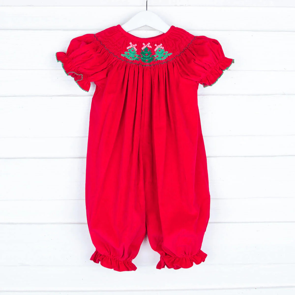 Christmas Tree Smocked Red Corduroy Long Bubble | Classic Whimsy