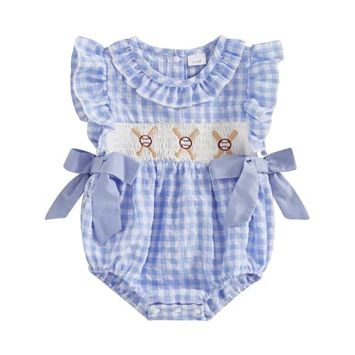 Socutebabe Baby Girl Baseball Outfit Infant Baseball Embroidery Plaid Smocked Bubble Romper Newborn Summer Clothes (Baseball-Blue, 12-18 Months) | Amazon (US)