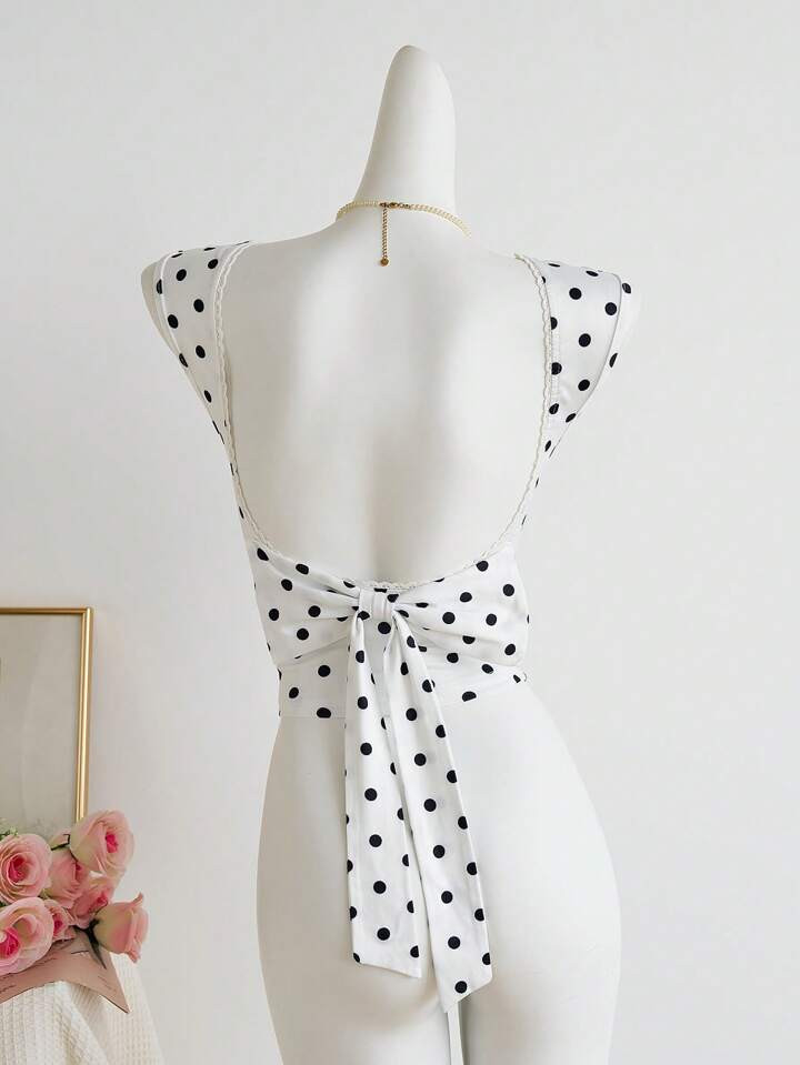 Sweetra Women's Vintage Polka Dot Print Sexy Open Back Bowknot Decor Slim Fit Tank Top | SHEIN