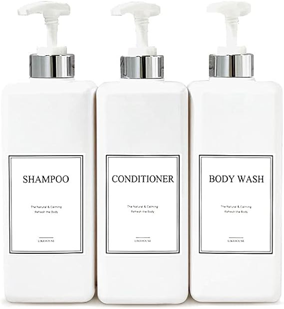 CNC 27.05 oz Pump Bottle of The Bathroom, 4 Waterproof Label Sticker, Pack of 3 Shower Plastic Bo... | Amazon (US)